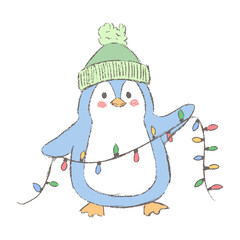 Penguin holding Christmas lights. Festive winter character isolated on white.