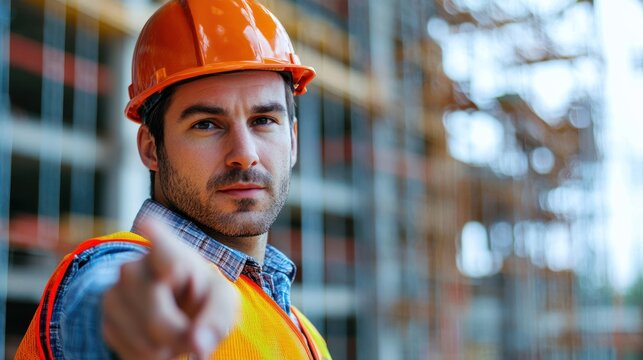 A construction worker wearing an orange hard hat and safety vest, standing in front of a construction site with scaffolding and cranes in the background.