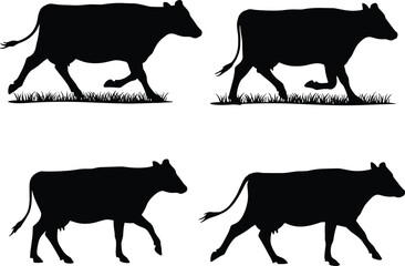 Cow walking silhouettes in motion, livestock illustration set, rural agriculture scene, farm animal design, black vector artwork, pastoral concept