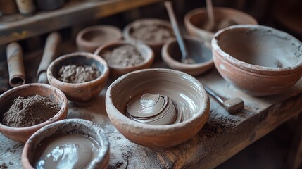A pottery workshop with various clay bowls and tools on a wooden table.