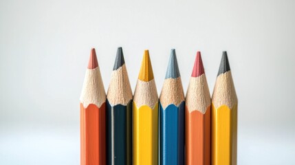 A row of six colored pencils with a white background.