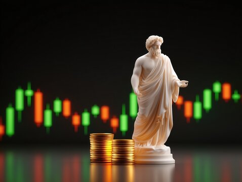 Man statue of a philosopher and gold coin stack on stock market graph background. Business investment and economic growth concept.