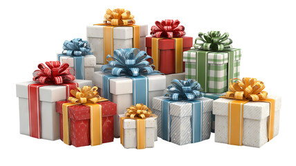 Obraz premium Colorful stacked gift boxes with bows arranged neatly on plain background minimal festive composition for holiday celebrations packaging design mockups greeting cards web banners 