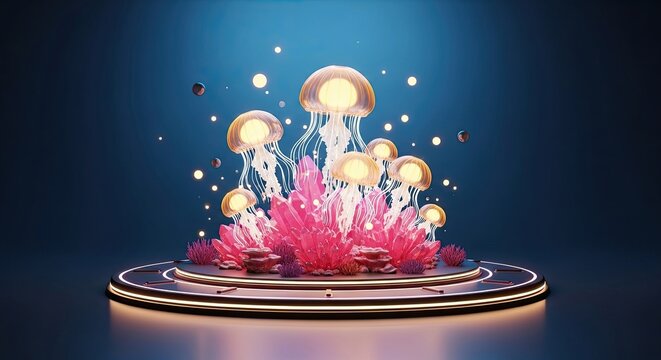 Enchanted underwater scene with glowing jellyfish and pink crystals - Powered by Adobe