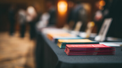 Stacked colorful brochures on a black tablecloth at a blurred event, suggesting an informational or promotional setting with people in the background