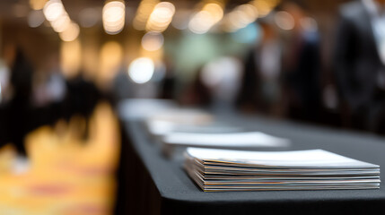 Stacked brochures on a table in a dimly lit event space with blurred attendees and warm bokeh lights in the background