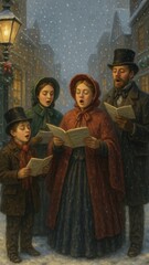Naklejka premium Victorian carolers singing snow mobile wallpaper