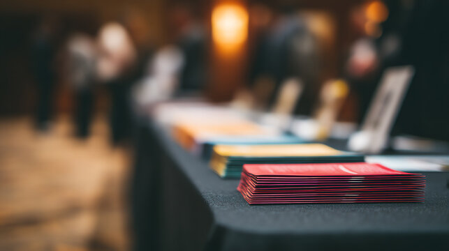 Stacked colorful brochures on a black tablecloth at a blurred event, suggesting an informational or promotional setting with people in the background