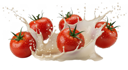 Fresh ripe tomatoes splashing into creamy white liquid for culinary delight