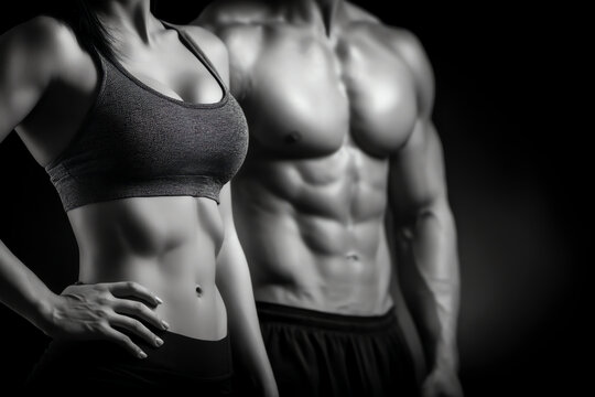 A fit woman and man with well-defined abs pose side by side, highlighting muscular physiques in athletic wear against a dark background
