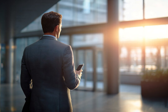 Businessman standing in modern office lobby holding smartphone