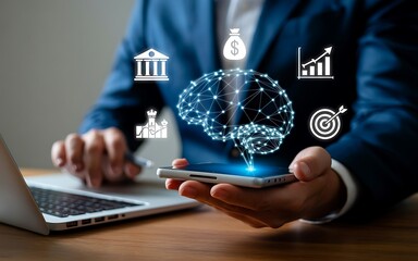 Businessman using smartphone with digital brain and business icons overlay