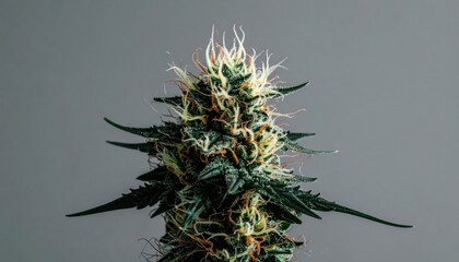 A close-up shot of a cannabis bud with its characteristic white pistils and green leaves against a plain grey background.