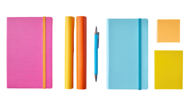 Colorful notebooks, pens, and sticky notes