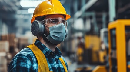 A man wearing a hard hat and safety glasses in a warehouse setting.