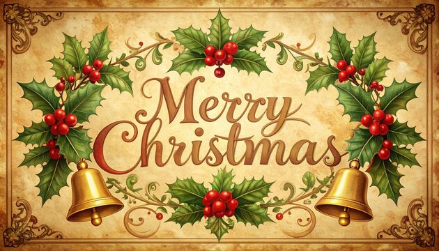 Vintage Merry Christmas greeting with holly leaves and golden bells