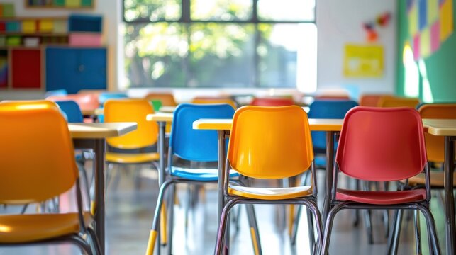 Empty classroom with colorful chairs and tables.