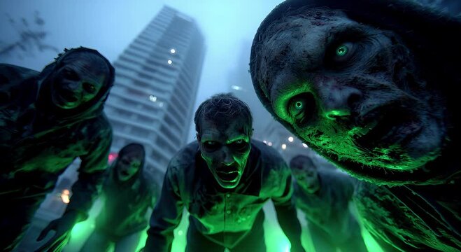 Halloween concept Zombie Apocalypse Scene Zombies lurch toward camera through city streets lit by eerie green glow sticks