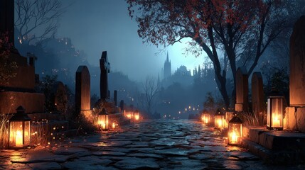 Mysterious and Spooky Cemetery Scene with Lanterns at Night with Moody Atmosphere