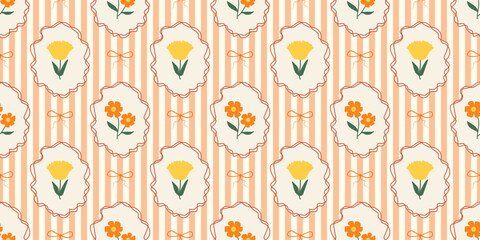 Stripes seamless pattern with hand drawn flower in ribbon frame with bow. floral elegant background. Perfect for decor, fabric, textile, wallpaper
