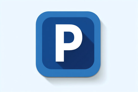 Blue square parking sign with a white "P" symbol, featuring a long shadow on a light background, representing designated parking areas