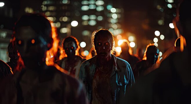 Halloween concept Zombie Apocalypse Scene Zombies lurch toward camera through city streets lit by eerie green glow sticks
