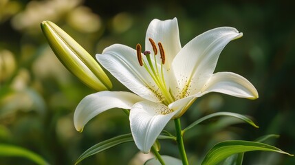 Fototapeta premium A white lily with green leaves in a garden setting.