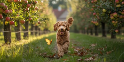 Adorable Fluffy Dog Running in Lush Orchard at Sunset, Autumn Nature Scene with Apple Trees, Joyful Pet Outdoors