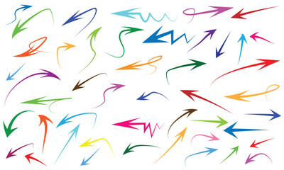 Hand-Drawn Doodle Arrow Collection — Funky Organic Brush Strokes and Creative Scribble Line Icons, Vector Set with Transparent Background