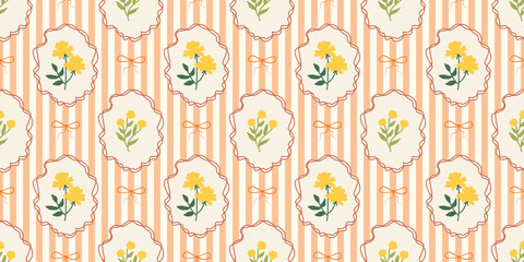 Stripes seamless pattern with hand drawn flower in ribbon frame with bow. floral elegant background. Perfect for decor, fabric, textile, wallpaper