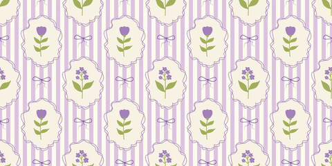 Stripes seamless pattern with hand drawn flower in ribbon frame with bow. floral elegant background. Perfect for decor, fabric, textile, wallpaper