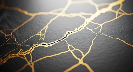 Abstract close up of kintsugi repair on dark ceramic with golden veins