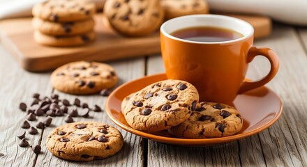 Warm chocolate chip cookies and hot tea on a rustic wooden table