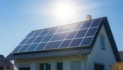 Naklejka premium House roof with blue solar panels under bright sunshine