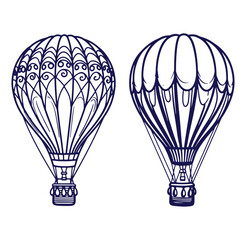 Two artistic hot air balloons in a detailed hand drawn style with decorative elements
