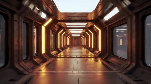 Illuminated Futuristic Corridor with Metal Walls and Windows Reflecting Outer Space in Orange Tones with Visible Pixelation