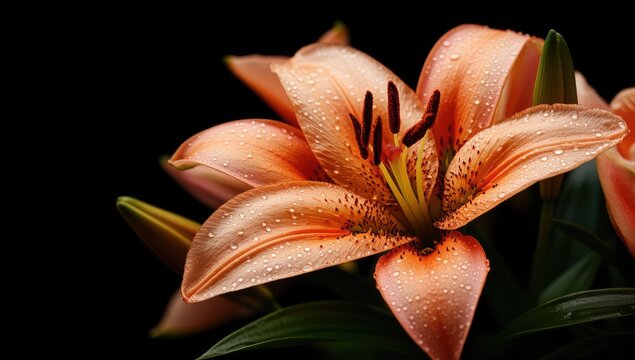 Dewy orange lily against dark backdrop, close-up