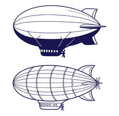 Fototapeta premium Two detailed vector illustrations of vintage airships in dark blue outlined style