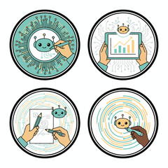 Hand-Robot Collaboration Set Scalable vector icons of a hand holding a tool (pencilwhiteboard) with a robot. Minimalist, bold lines, and harmonious colors.