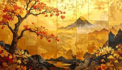 金箔の背景,金箔を使った絵画,金箔の壁面,Generative AI,AI画像