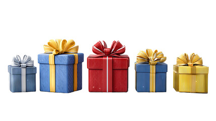 Colorful gift boxes in blue red and yellow arranged in a neat row with decorative bows and soft shadows on a clean white background ideal for celebrations product mockups greeting cards