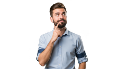 Bearded man pondering deeply with hand on chin against a stark background