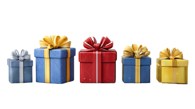 Colorful gift boxes in blue red and yellow arranged in a neat row with decorative bows and soft shadows on a clean white background ideal for celebrations product mockups greeting cards