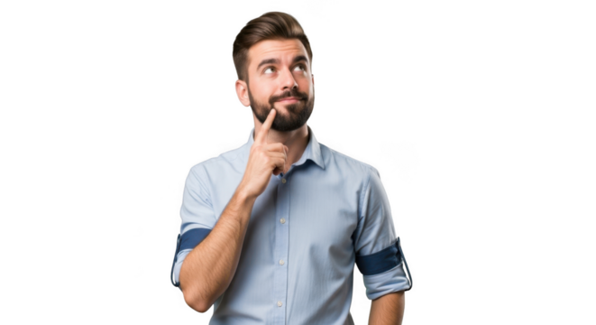 Bearded man pondering deeply with hand on chin against a stark background