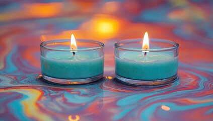 Two lit teal candles on a colorful, swirled surface