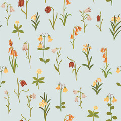 vector drawing seamless pattern with wild flowers and plants , floral background, hand drawn botanical illustration