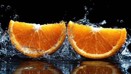 Splashing orange slices, wet. Dark backdrop. Refreshing!