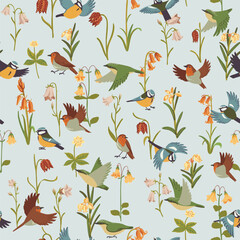 vector drawing seamless pattern with flowers, plants and birds at light blue background, floral ornament, hand drawn botanical illustration