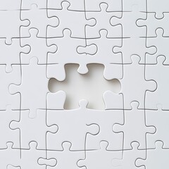 White jigsaw puzzle, one piece missing, overhead view