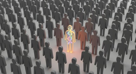 Conceptual image of a unique individual with DNA highlighted, standing out from a crowd of anonymous figures, representing genetic diversity, scientific discovery, and uniqueness.